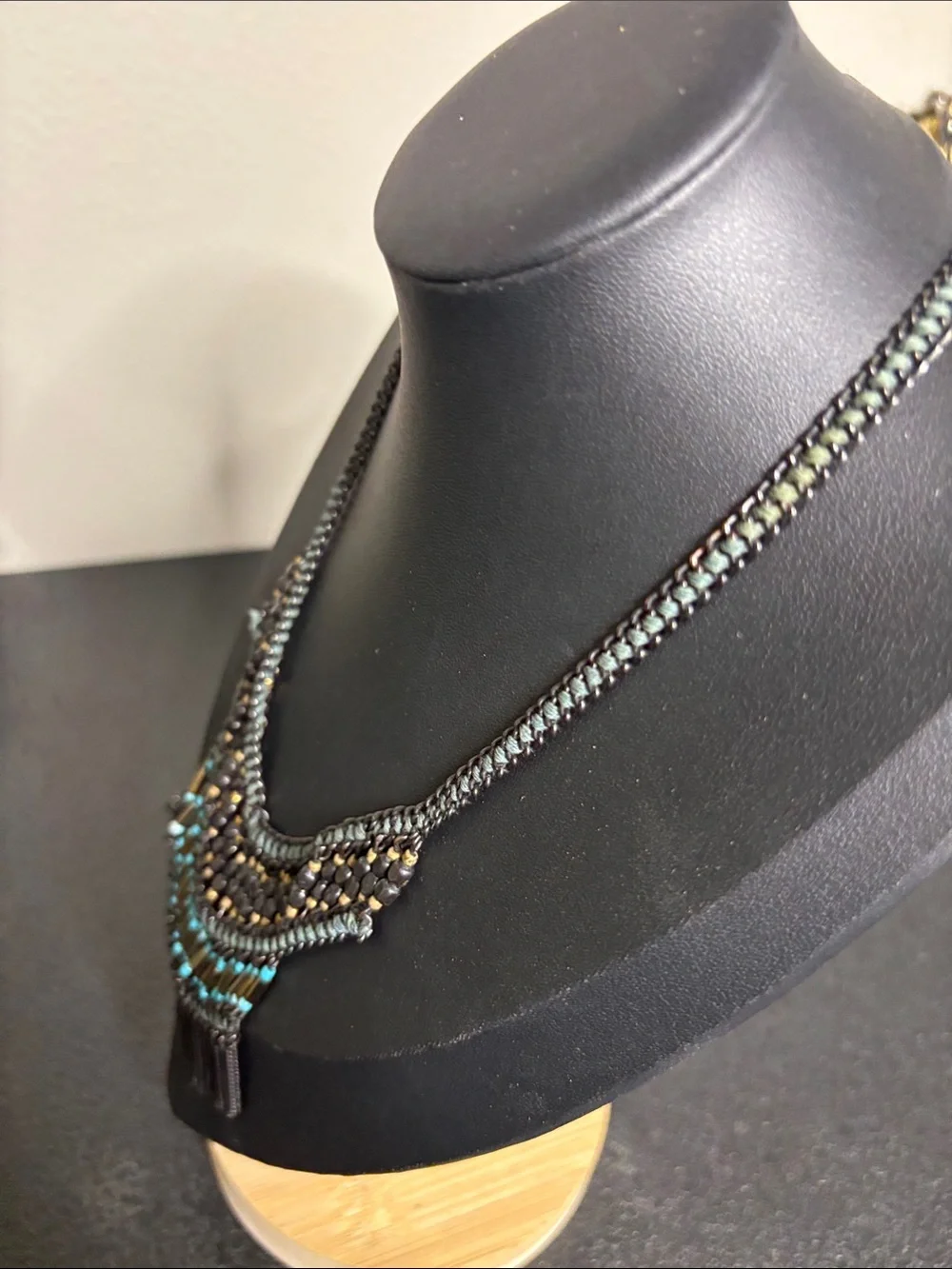 Boho Fringed Beaded Statement Necklace in Black & Turquoise